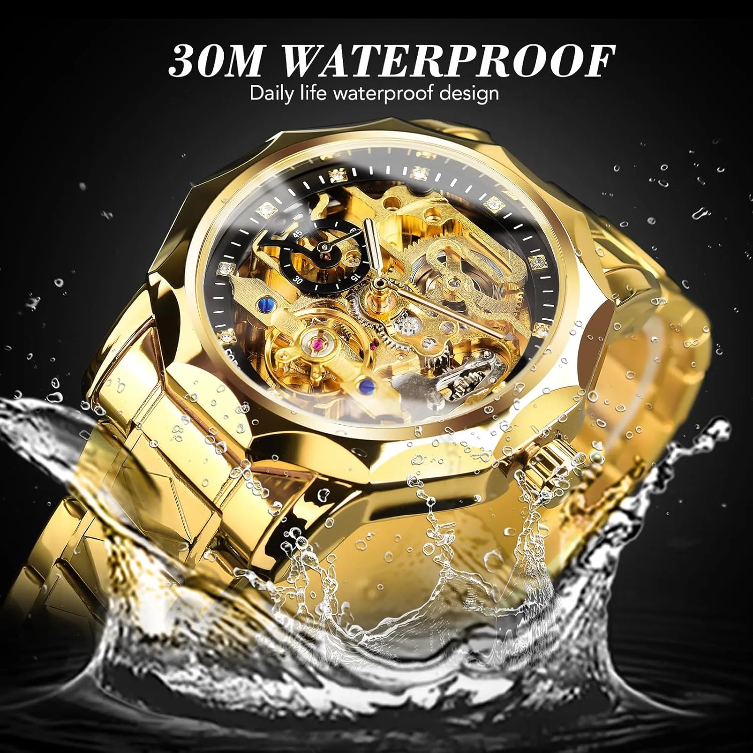 Seconds Rhombus resource Stainless Steel Band Automatic Wristwatch FORSINING Men's Luxury Gold & Black Hollow Skeleton Tourbillon Watch, Dodecagon Diamond Scale Self-wind Mechanical Watches, Independent 