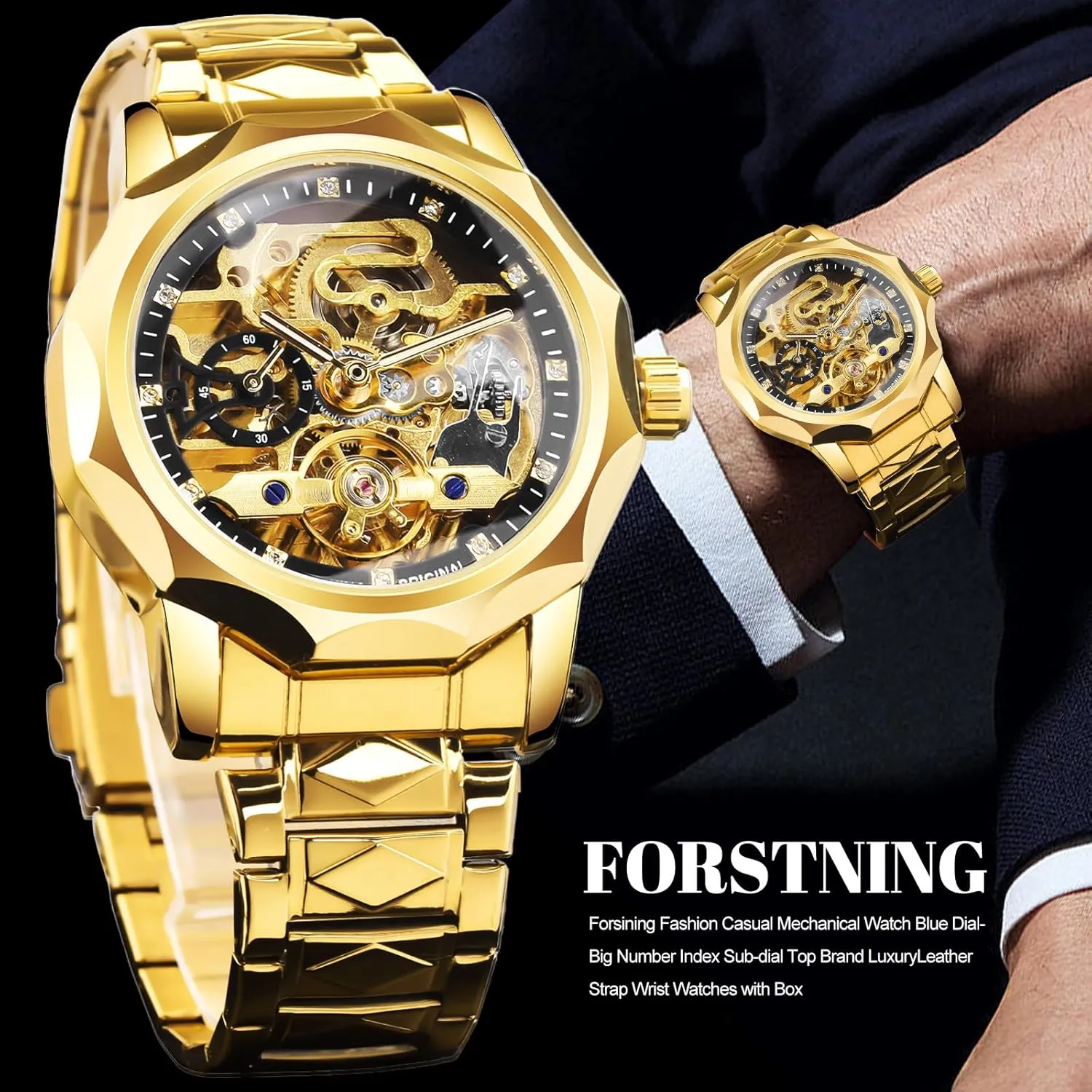 Seconds Rhombus resource Stainless Steel Band Automatic Wristwatch FORSINING Men's Luxury Gold & Black Hollow Skeleton Tourbillon Watch, Dodecagon Diamond Scale Self-wind Mechanical Watches, Independent 