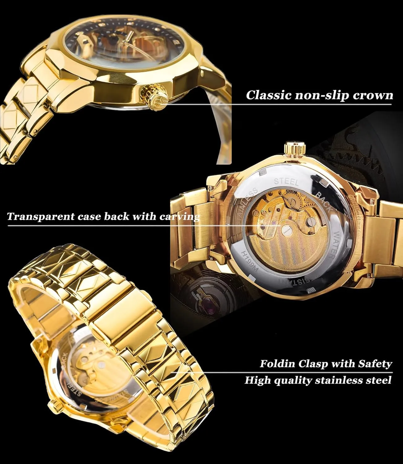 Seconds Rhombus resource Stainless Steel Band Automatic Wristwatch FORSINING Men's Luxury Gold & Black Hollow Skeleton Tourbillon Watch, Dodecagon Diamond Scale Self-wind Mechanical Watches, Independent 