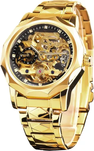 Seconds Rhombus resource Stainless Steel Band Automatic Wristwatch FORSINING Men's Luxury Gold & Black Hollow Skeleton Tourbillon Watch, Dodecagon Diamond Scale Self-wind Mechanical Watches, Independent 