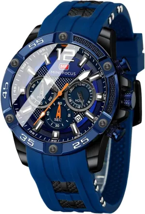 Silicon oxidizable momentum stubborn Strap Fashion Wristwatch for Men MF MINI FOCUS Men Watch, Chronograph Waterproof Sport Analog Quartz Watches Blue 
