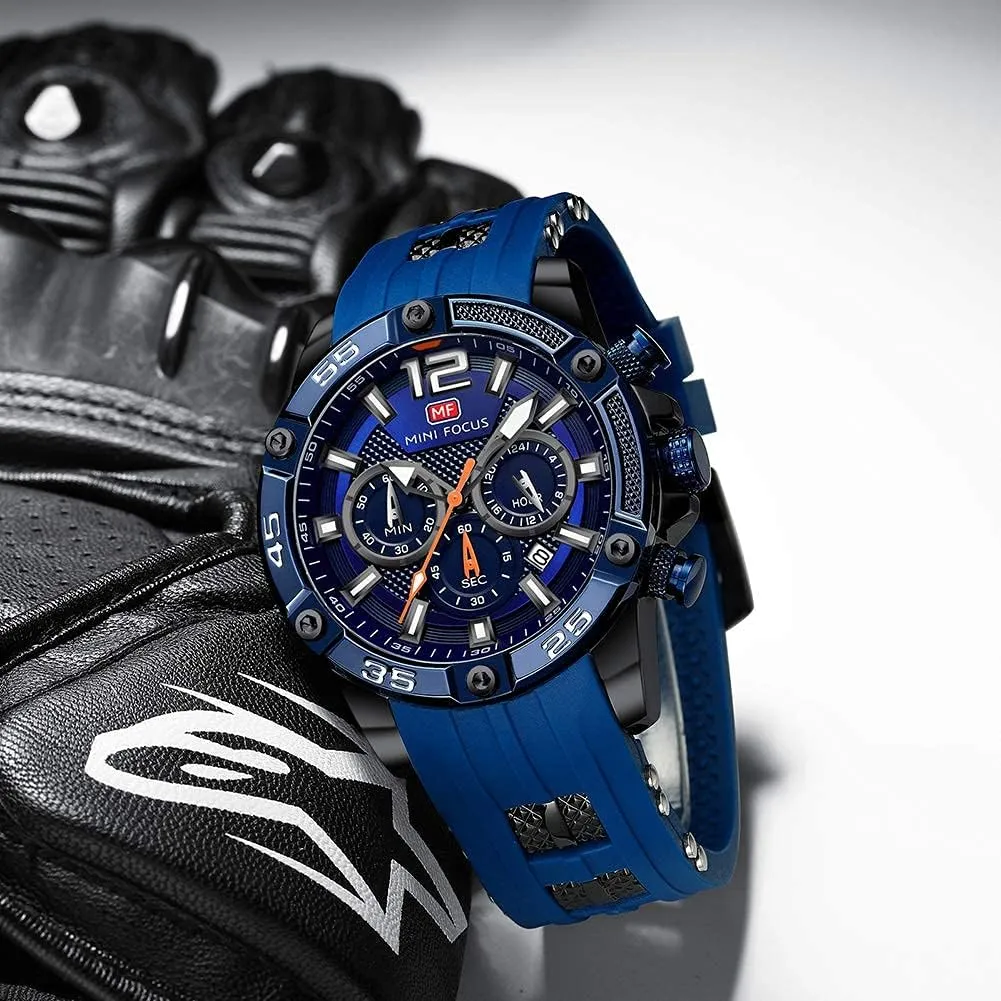 Silicon oxidizable momentum stubborn Strap Fashion Wristwatch for Men MF MINI FOCUS Men Watch, Chronograph Waterproof Sport Analog Quartz Watches Blue 