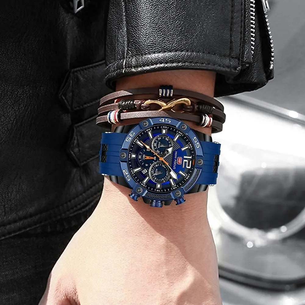 Silicon oxidizable momentum stubborn Strap Fashion Wristwatch for Men MF MINI FOCUS Men Watch, Chronograph Waterproof Sport Analog Quartz Watches Blue 