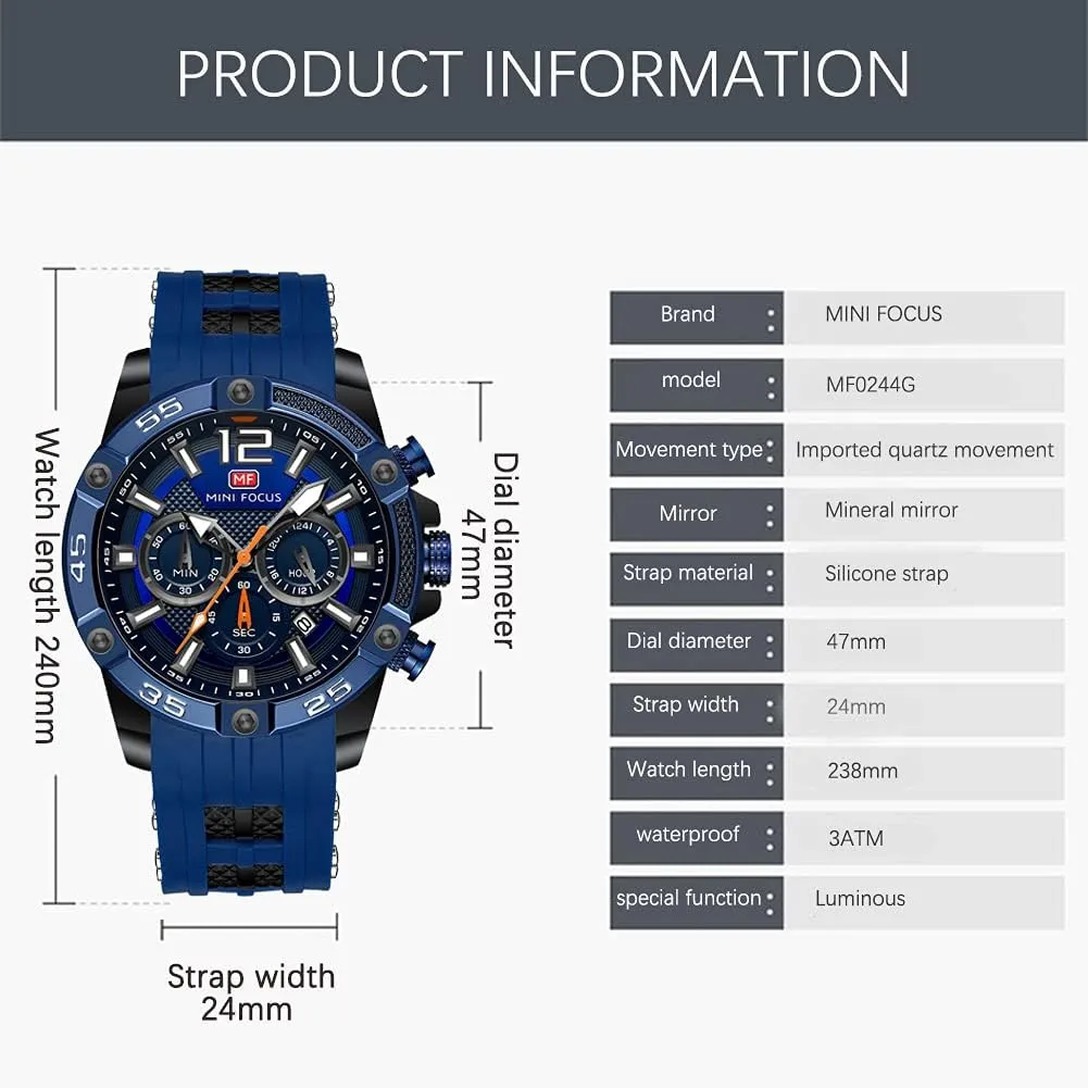 Silicon oxidizable momentum stubborn Strap Fashion Wristwatch for Men MF MINI FOCUS Men Watch, Chronograph Waterproof Sport Analog Quartz Watches Blue 