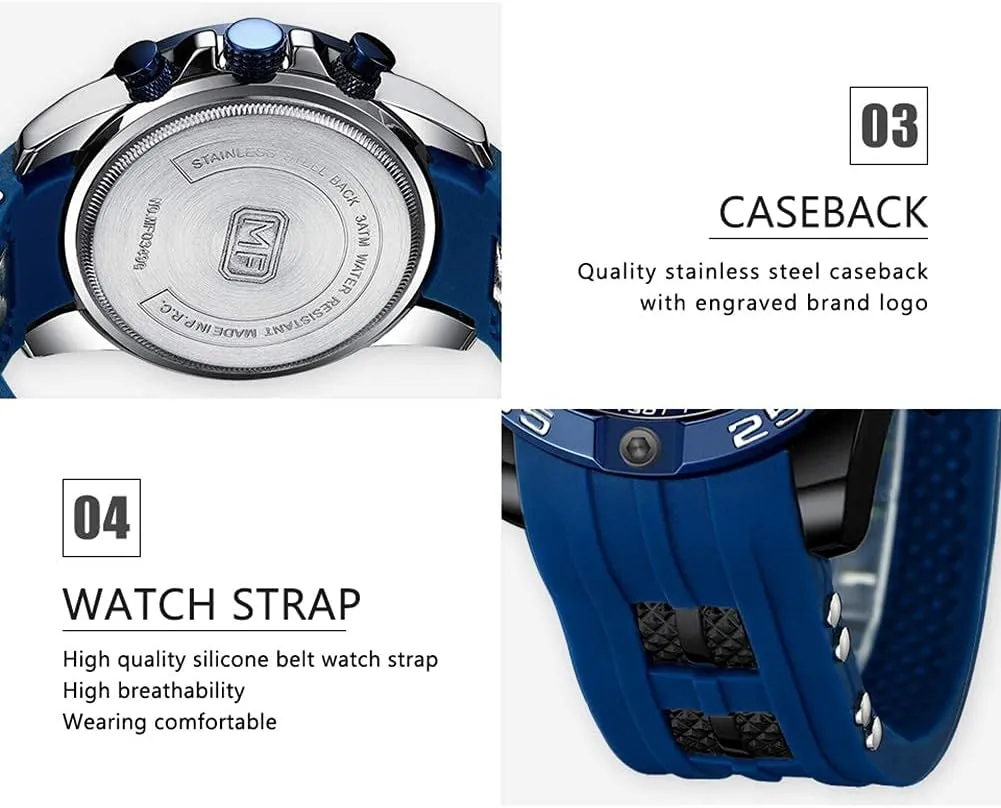 Silicon oxidizable momentum stubborn Strap Fashion Wristwatch for Men MF MINI FOCUS Men Watch, Chronograph Waterproof Sport Analog Quartz Watches Blue 