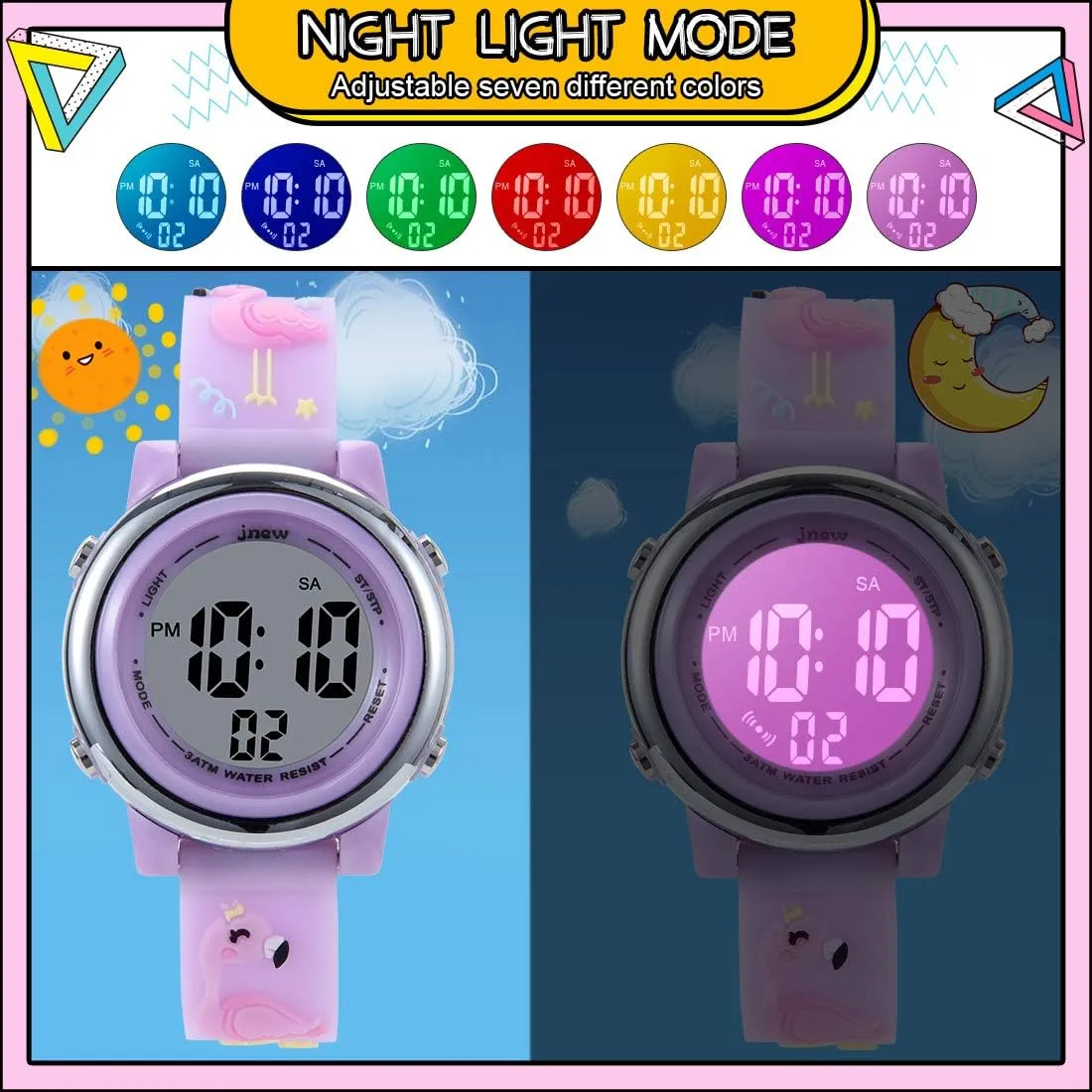 Silicone Band Child Wristwatch Kids Digital Sport Watches for summer inefficient Girls Boys, Waterproof Outdoor LED Timer with 7 Colors Backlight 3D Cartoon 