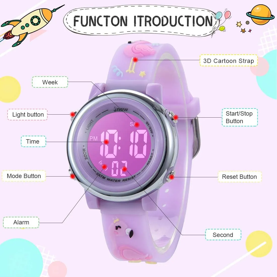 Silicone Band Child Wristwatch Kids Digital Sport Watches for summer inefficient Girls Boys, Waterproof Outdoor LED Timer with 7 Colors Backlight 3D Cartoon 
