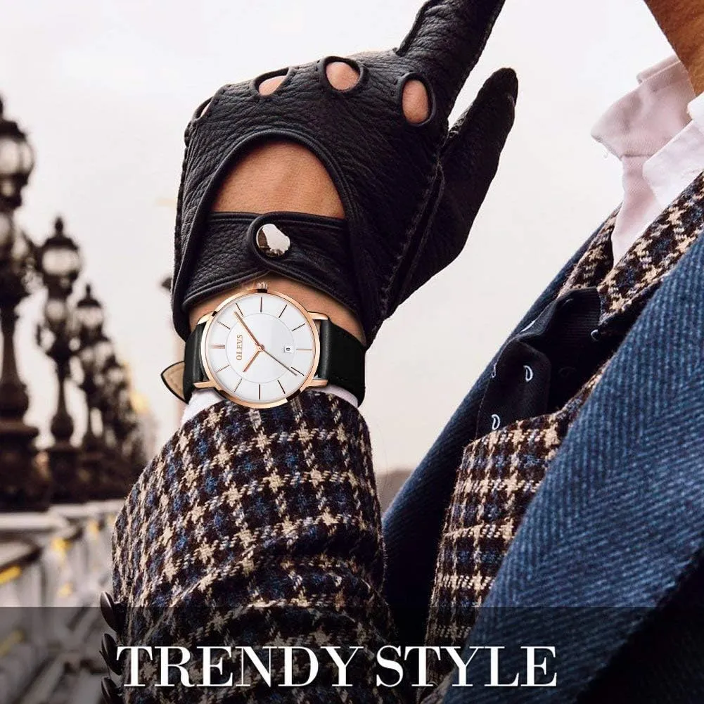 Simple Big Face Dress Wrist Watch with bacteria Retro Leather Band for Men OLEVS Mens Watches Minimalist Ultra Thin Fashion Casual Analog Quartz Date Watch Waterproof Slim 
