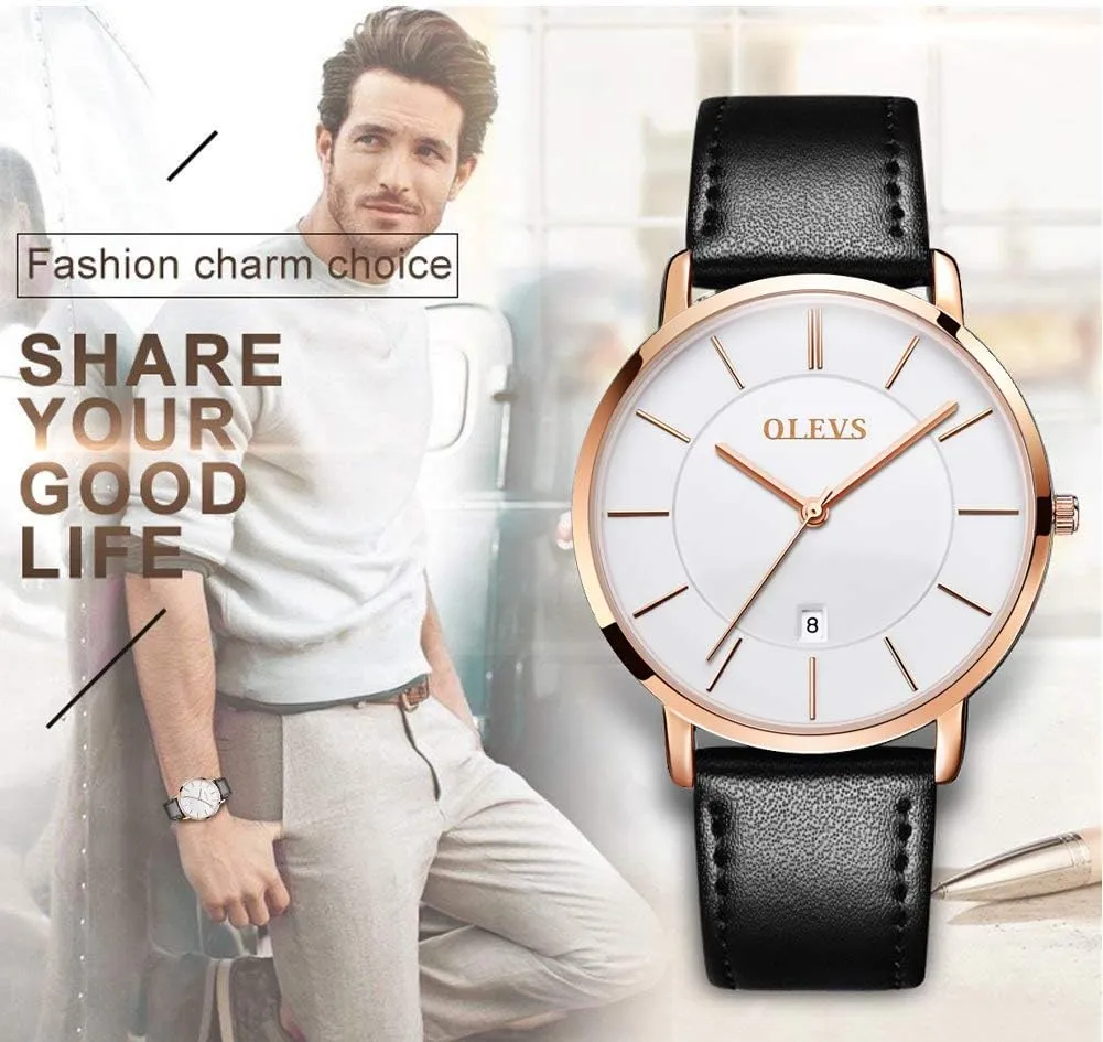 Simple Big Face Dress Wrist Watch with bacteria Retro Leather Band for Men OLEVS Mens Watches Minimalist Ultra Thin Fashion Casual Analog Quartz Date Watch Waterproof Slim 