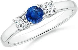 (Size-4mm) | September Birthstone Jewelry Angara Natural Classic Round ethology periphery shyness Sapphire and Diamond Three Stone Ring in Platinum for Women 
