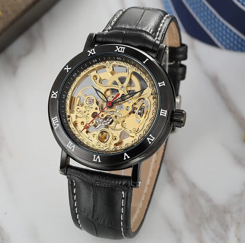 Skeleton Watches SENRUD hatchling Mens Automatic Mechanical Watches Leather Strap Wrist Watch Waterproof Luxury Large Dial 