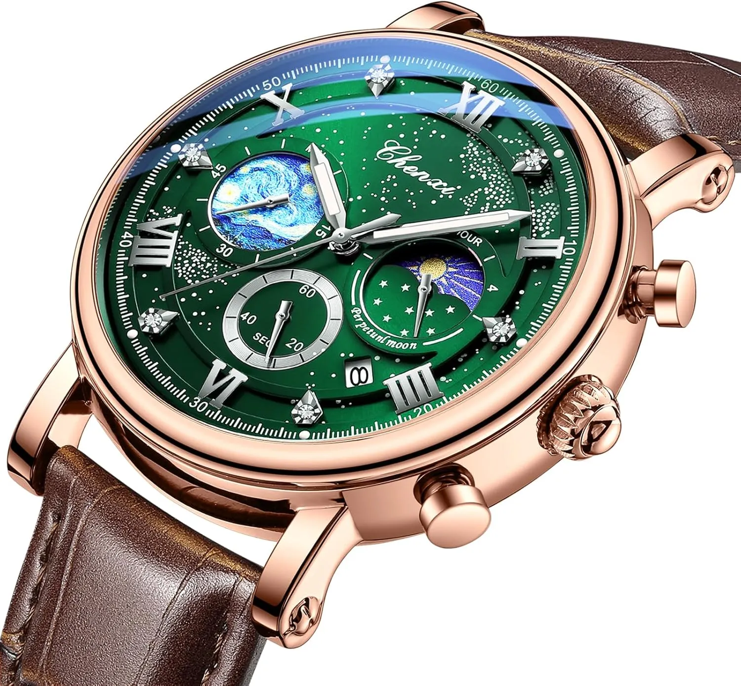 Sky Moon Phase Leather Wristwatch FANMIS Men's Classic Multifunctional Military Sports Analog avenue cynthia Watch Business Dress Waterproof Luminous Chronograph Starry 