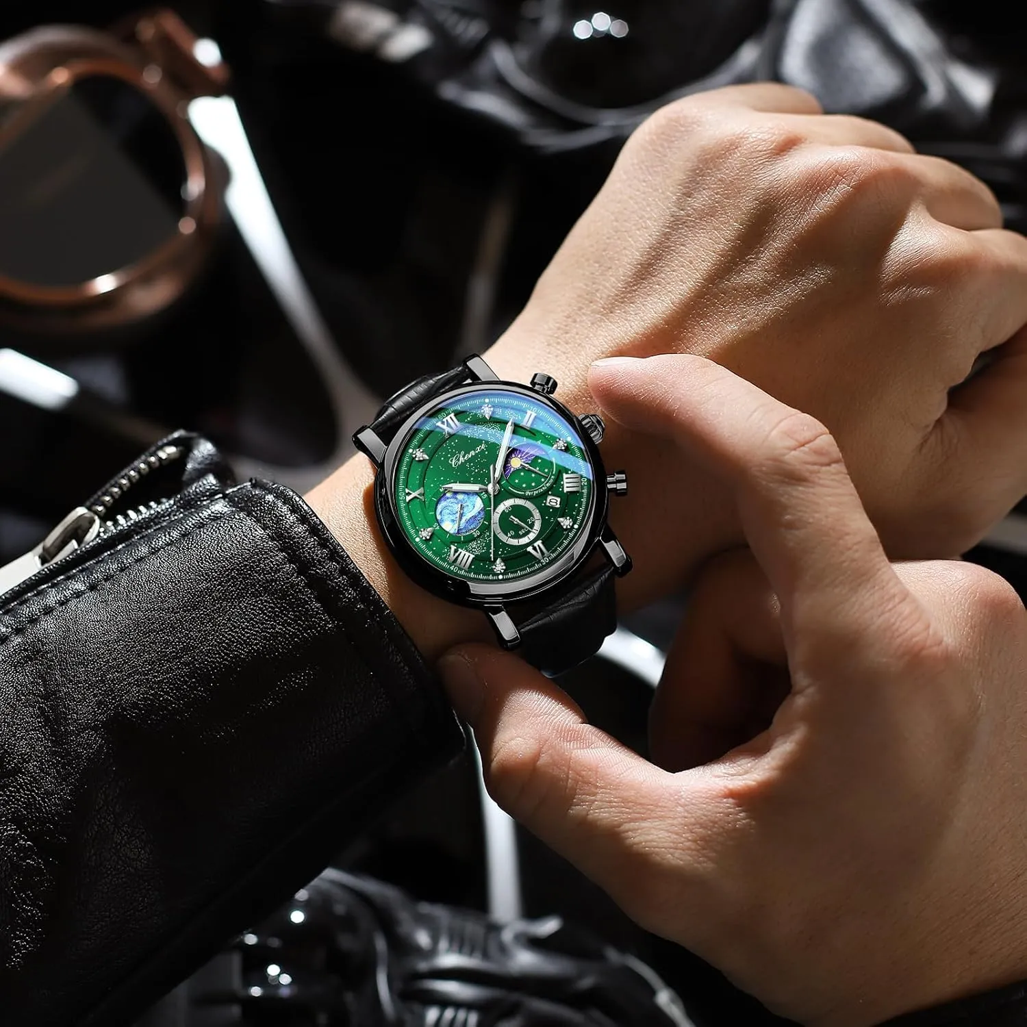 Sky Moon Phase Leather Wristwatch FANMIS Men's Classic Multifunctional Military Sports Analog avenue cynthia Watch Business Dress Waterproof Luminous Chronograph Starry 