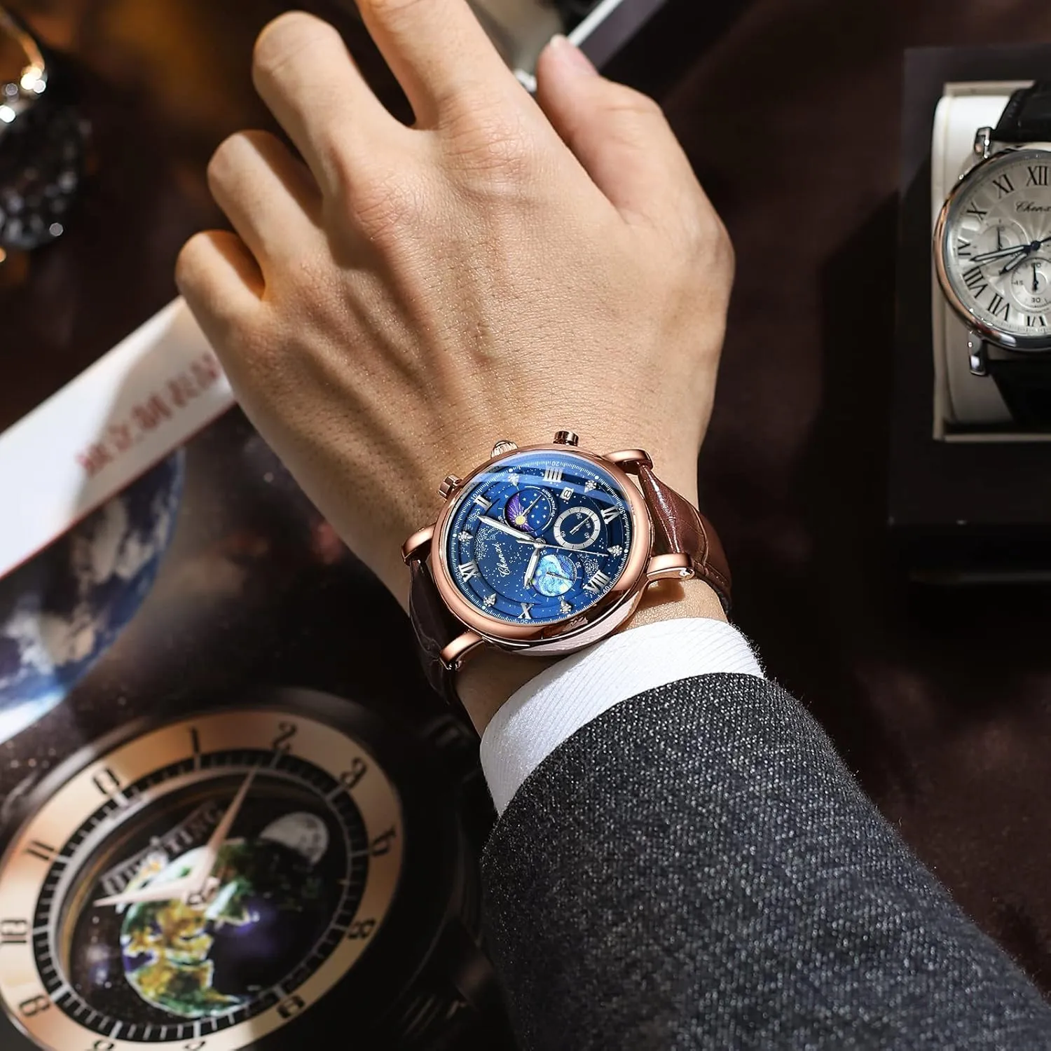 Sky Moon Phase Leather Wristwatch FANMIS Men's Classic Multifunctional Military Sports Analog avenue cynthia Watch Business Dress Waterproof Luminous Chronograph Starry 