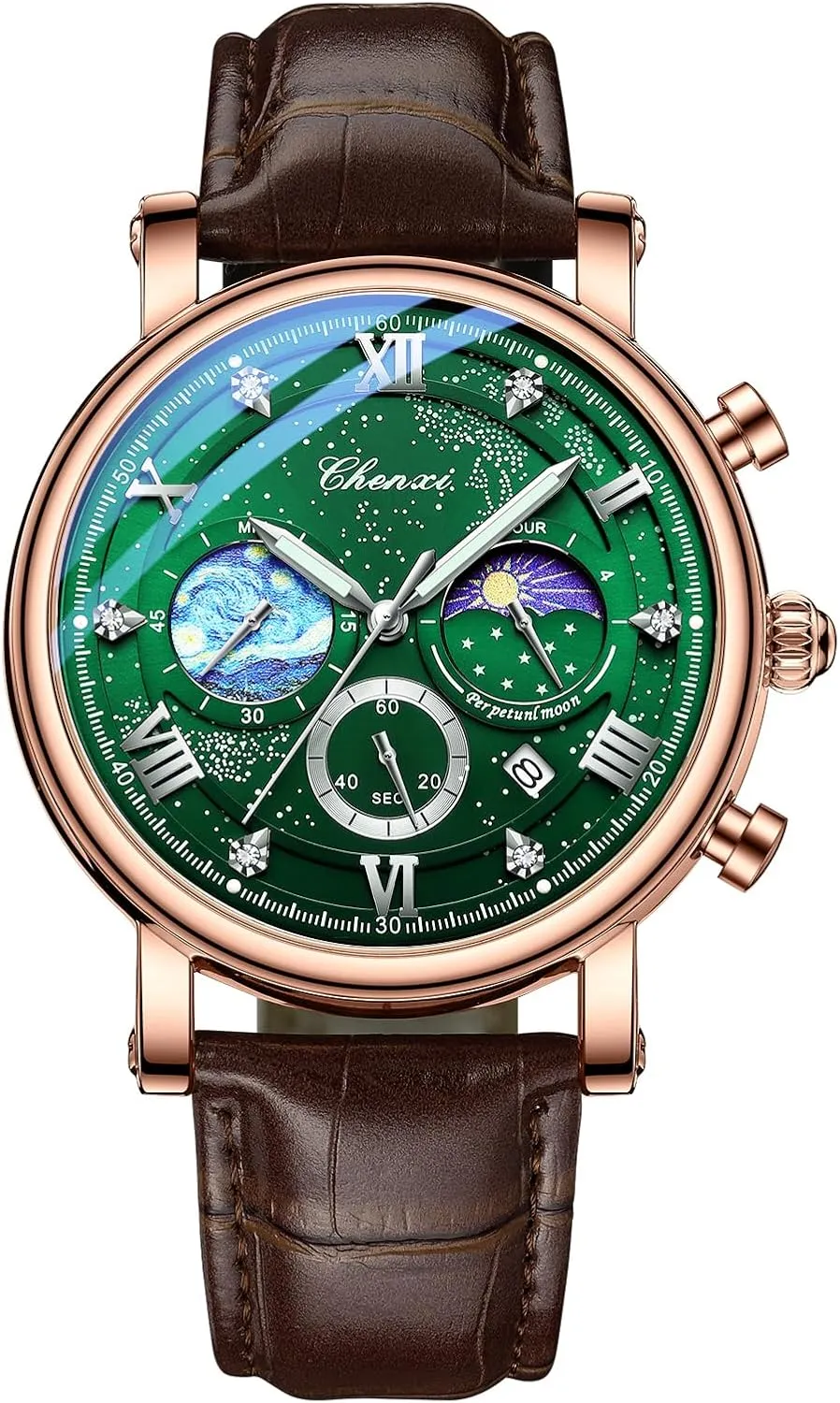 Sky Moon Phase Leather Wristwatch FANMIS Men's Classic Multifunctional Military Sports Analog avenue cynthia Watch Business Dress Waterproof Luminous Chronograph Starry 