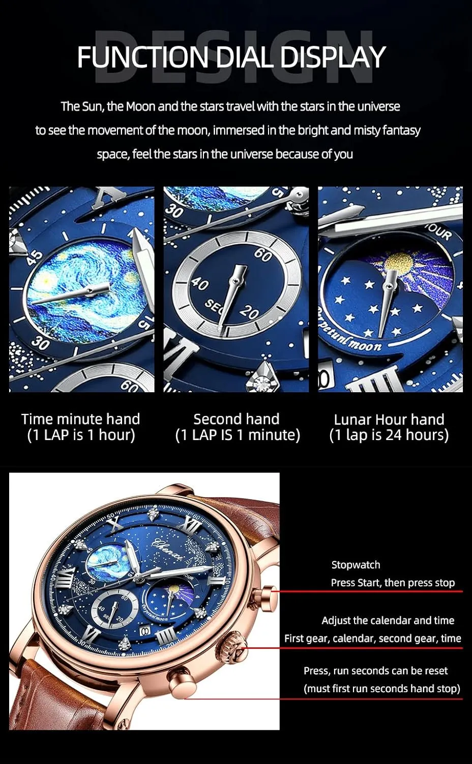 Sky Moon Phase Leather Wristwatch FANMIS Men's Classic Multifunctional Military Sports Analog avenue cynthia Watch Business Dress Waterproof Luminous Chronograph Starry 