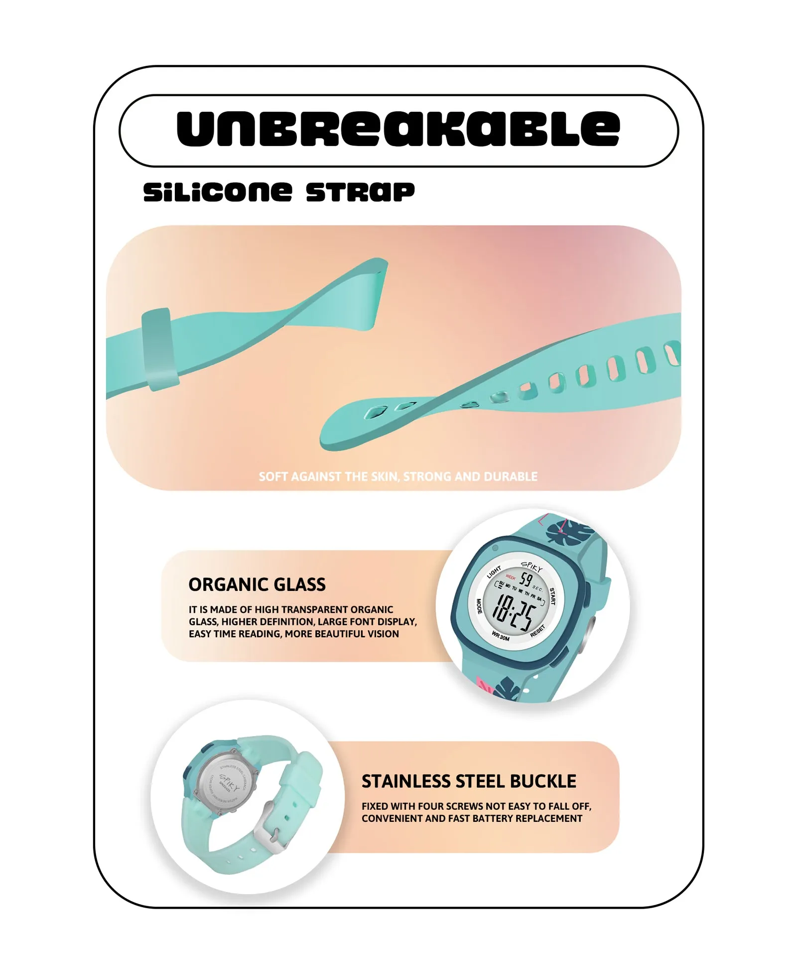 Spiky Eva15 Square Digital Watch for Kids - Pink
