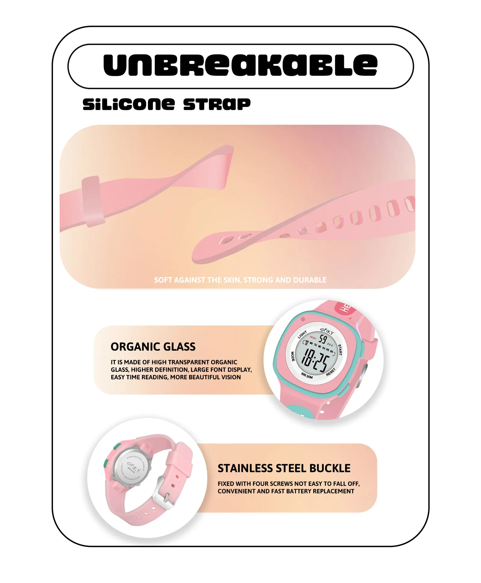Spiky Eva15 Square Digital Watch for Kids - Pink