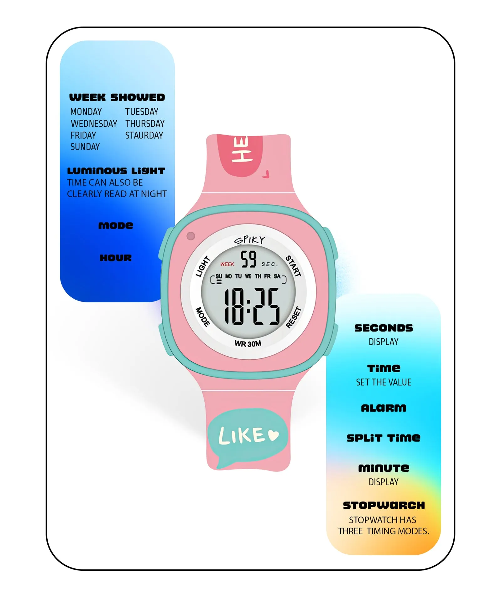 Spiky Eva15 Square Digital Watch for Kids - Pink