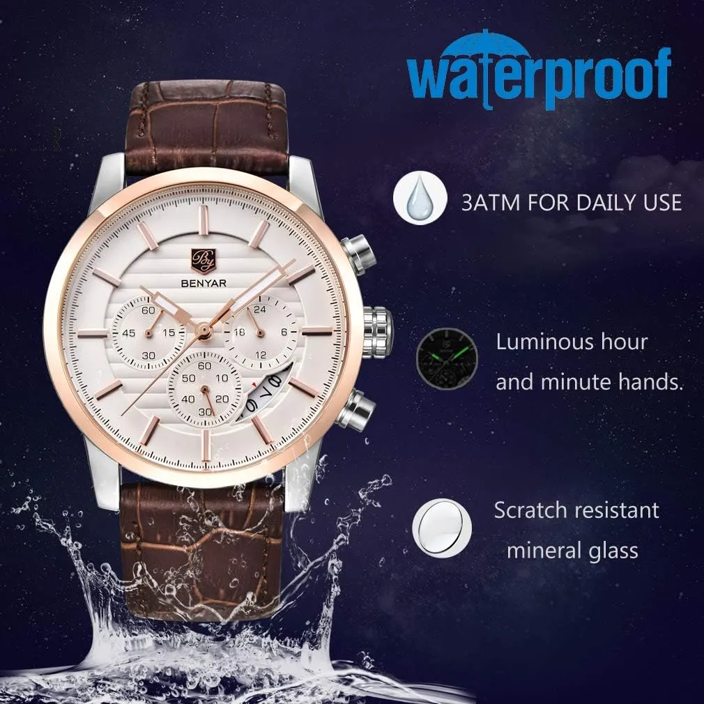 Sport verbiage Design Leather Band Strap Wrist Watch for Men BENYAR Quartz Chronograph Waterproof Watches Business and 