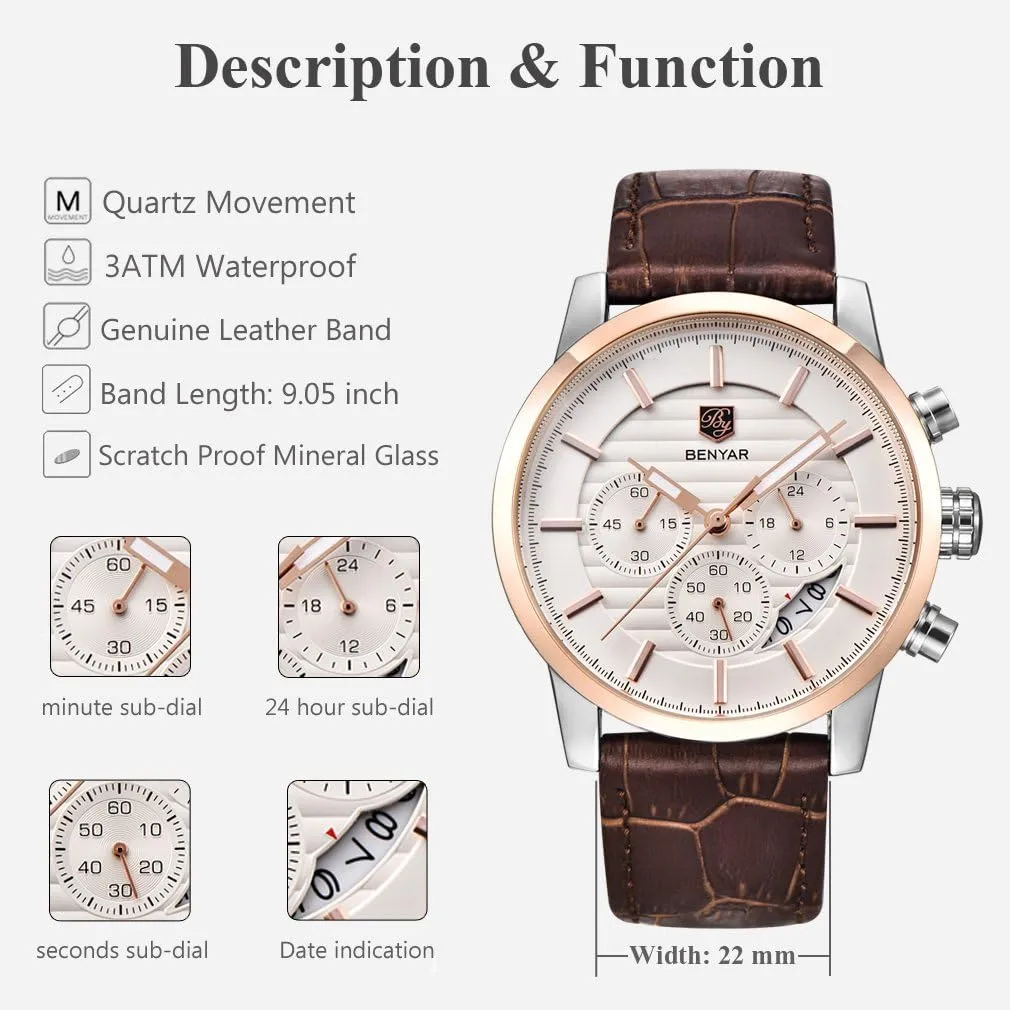 Sport verbiage Design Leather Band Strap Wrist Watch for Men BENYAR Quartz Chronograph Waterproof Watches Business and 