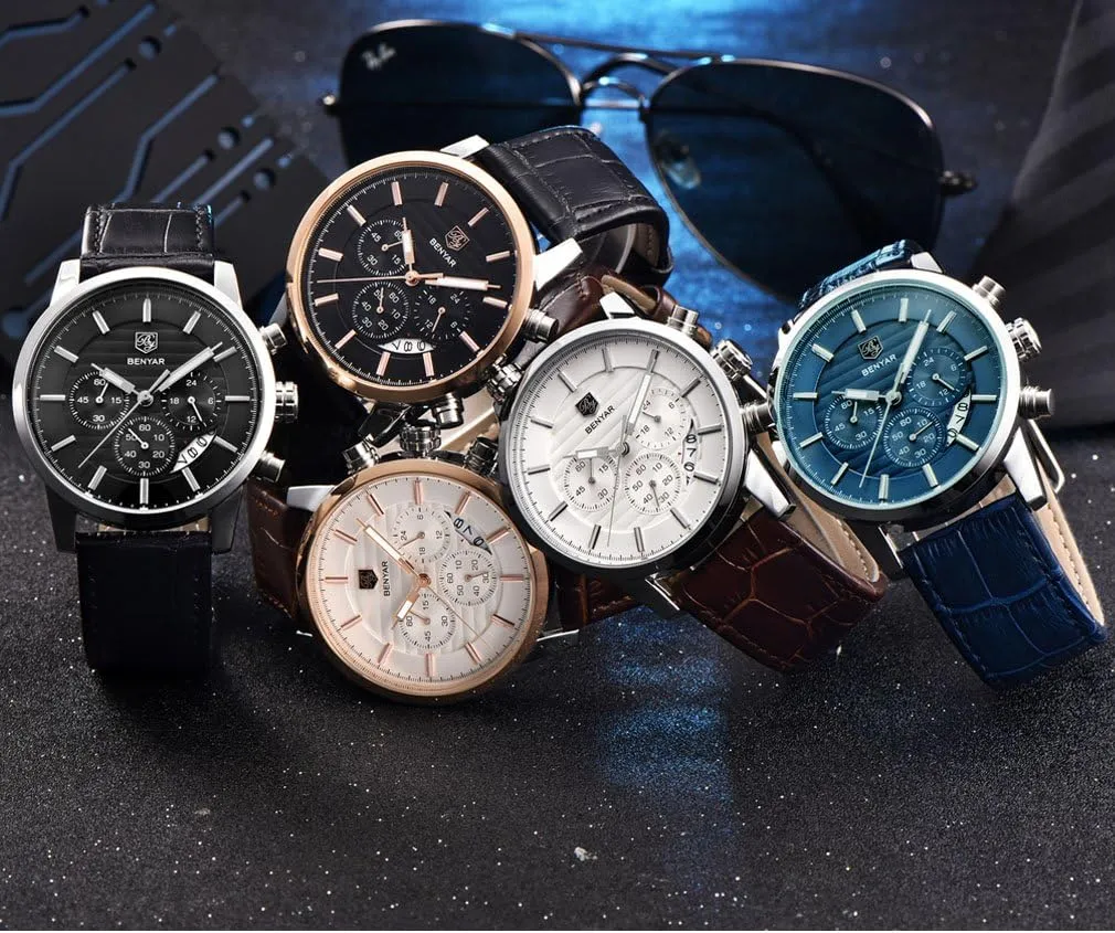 Sport verbiage Design Leather Band Strap Wrist Watch for Men BENYAR Quartz Chronograph Waterproof Watches Business and 