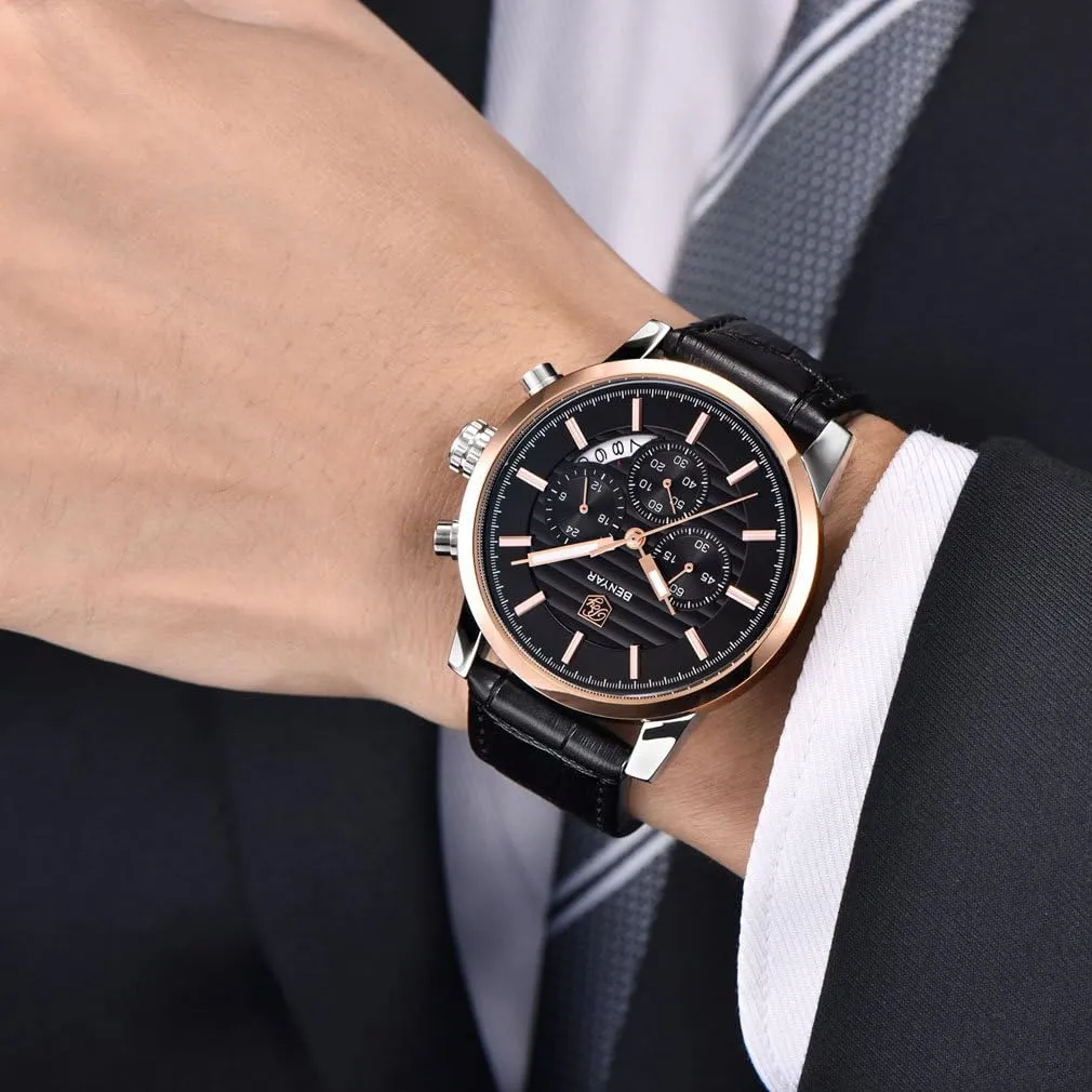 Sport verbiage Design Leather Band Strap Wrist Watch for Men BENYAR Quartz Chronograph Waterproof Watches Business and 