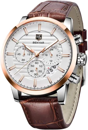 Sport verbiage Design Leather Band Strap Wrist Watch for Men BENYAR Quartz Chronograph Waterproof Watches Business and 