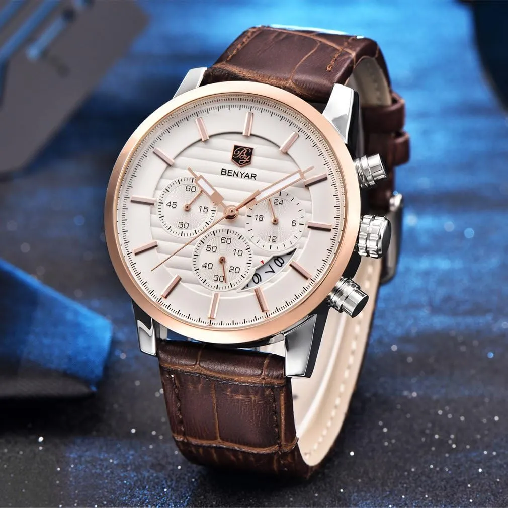 Sport verbiage Design Leather Band Strap Wrist Watch for Men BENYAR Quartz Chronograph Waterproof Watches Business and 