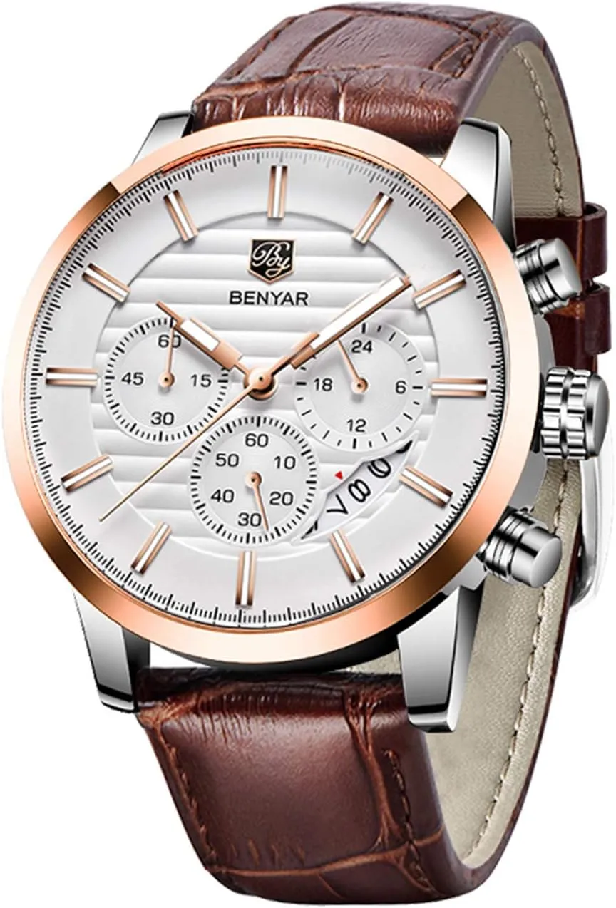 Sport verbiage Design Leather Band Strap Wrist Watch for Men BENYAR Quartz Chronograph Waterproof Watches Business and 