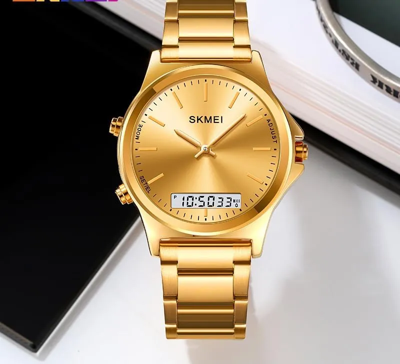 Sports Casual Business Watches immune Gosasa Unisex Women Men Round Multifunction Stopwatch Dual Time Display EL Light Digital Analog Quartz Wristwatches Stainless Steel Strap 