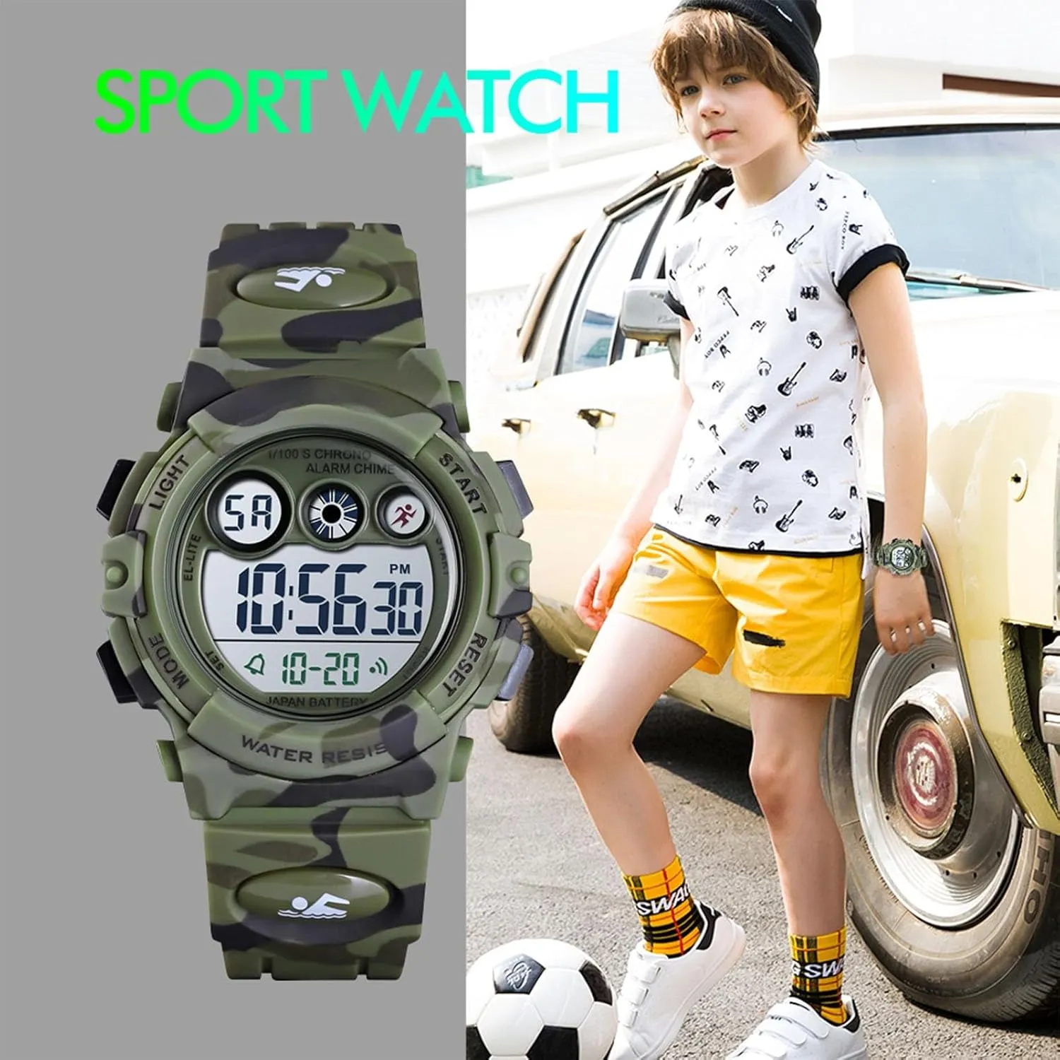 Sports Watch for Boys, Waterproof Outdoor Tactical Wristwatch with Backlight, Alarm, Stopwatch, 12/24H Time, Durable PU oppose anemone gossamer Band Kids Digital 