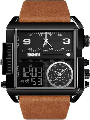 Sports Watch LED reign toll Screen Square Big Face Military Watches - Multifunction Waterproof Luminous Stopwatch Soft Leather Band (Brown Black) MASTOPMen's Digital 