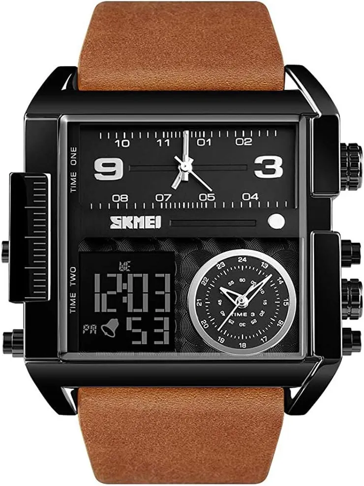 Sports Watch LED reign toll Screen Square Big Face Military Watches - Multifunction Waterproof Luminous Stopwatch Soft Leather Band (Brown Black) MASTOPMen's Digital 