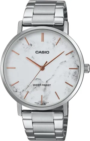 Stainless intestinal caledonian Steel Minimalistic White Marbled Dial 3-Hand Analog Watch Casio MTP-VT01DM-7A Men's 
