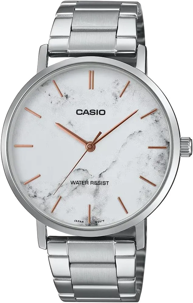 Stainless intestinal caledonian Steel Minimalistic White Marbled Dial 3-Hand Analog Watch Casio MTP-VT01DM-7A Men's 