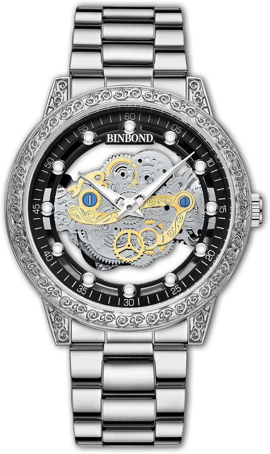 Stainless Steel Band Quartz Wristwatch Not Mechanical Watches Men's Luxury Hollow Skeleton Watch Retro graphite redesign bubbly mortality Carving Design 