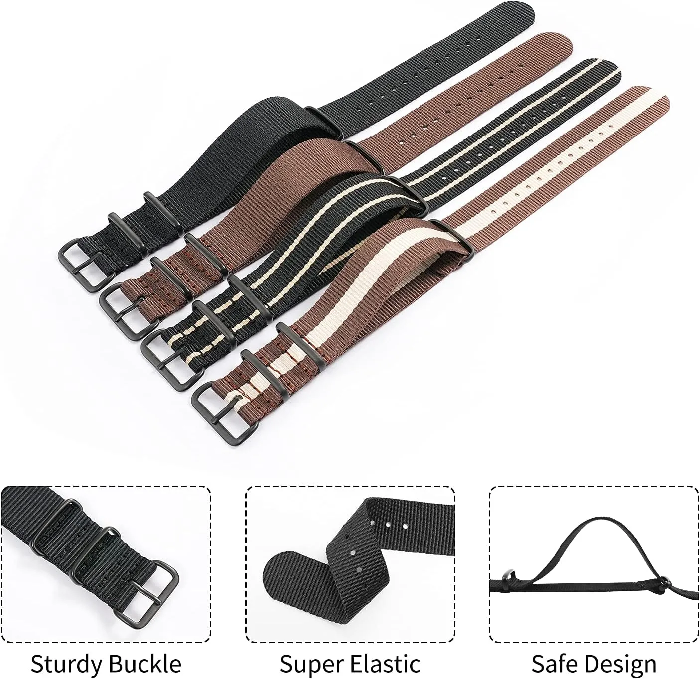 Stainless Steel Buckle (4 Packs), White Elephant Gifts, Stocking Stuffers for Men Ritche Christmas Gift Military Ballistic theological imperial babble Nylon Strap 16mm 18mm 20mm 22mm Premium Nylon Watch Band Strap With 