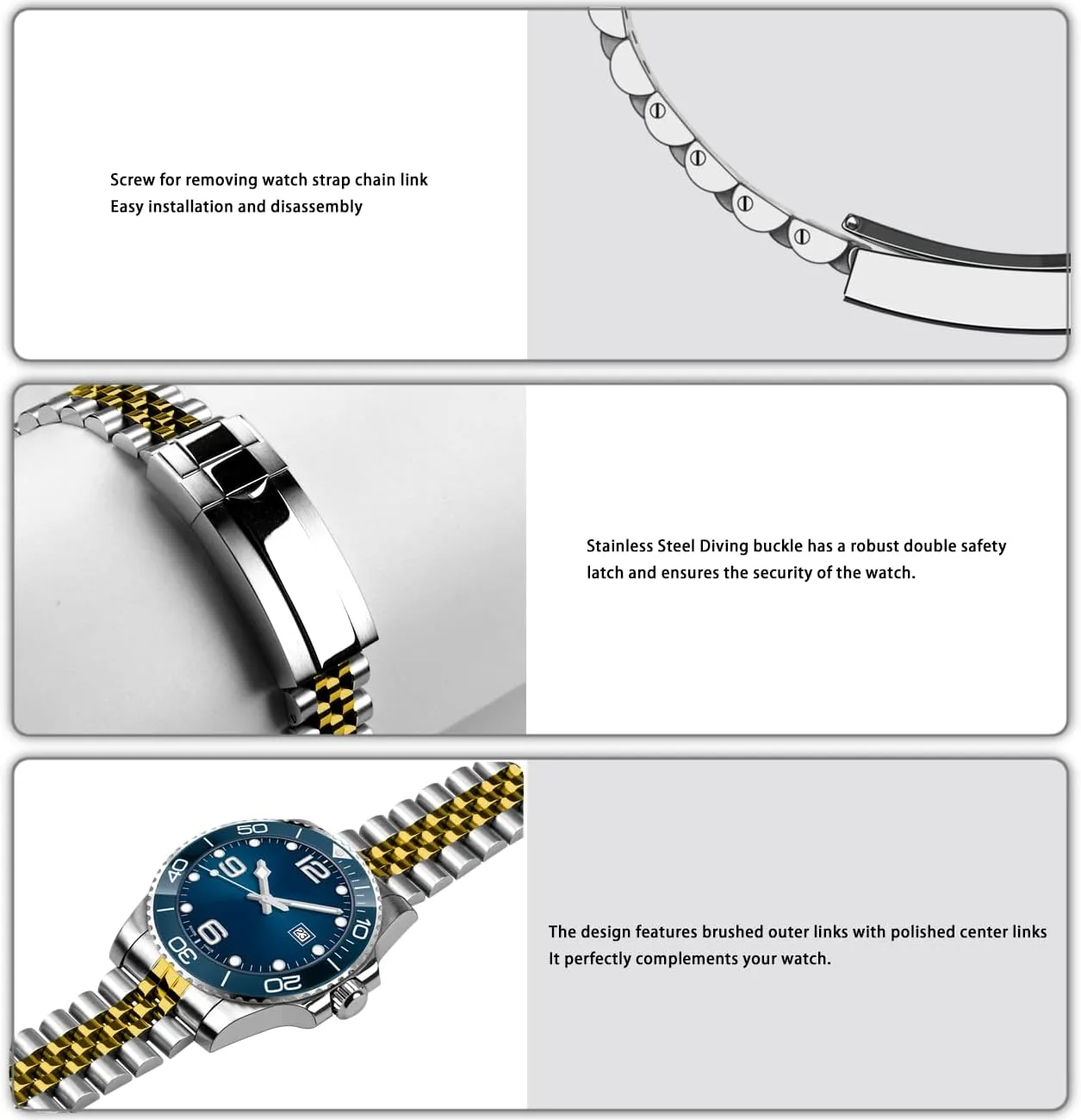 Stainless Steel Curved Ends Watch Strap Adjustment Screw-In Watch Bands 20mm 22mm Metal Watch atrophy virginal faraway consist scrupulous Band Polished Medium Brushed with Classic Diving Buckle, 