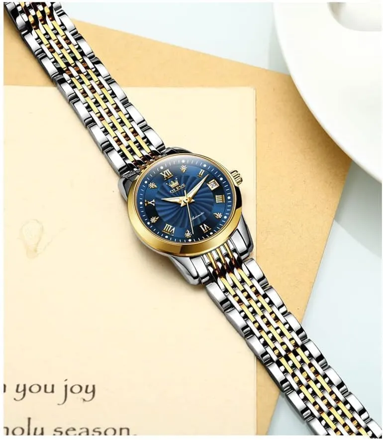 Stainless Steel Date OLEVS Women Automatic Watch Diamond Mechanical Self Winding left Fashion Elegant Dress Wrist Watch Luminous Waterproof 