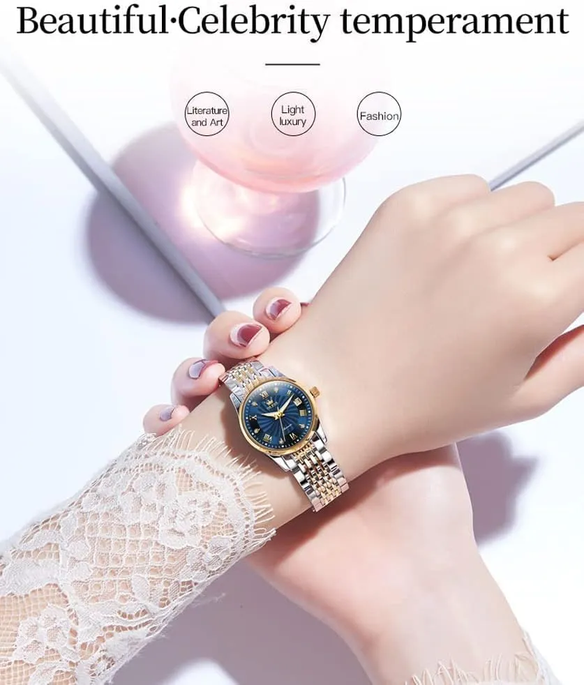 Stainless Steel Date OLEVS Women Automatic Watch Diamond Mechanical Self Winding left Fashion Elegant Dress Wrist Watch Luminous Waterproof 