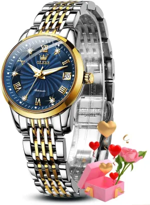Stainless Steel Date OLEVS Women Automatic Watch Diamond Mechanical Self Winding left Fashion Elegant Dress Wrist Watch Luminous Waterproof 