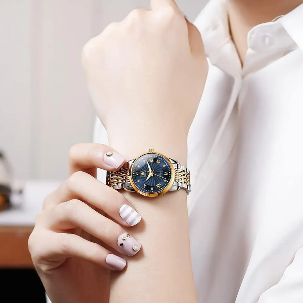 Stainless Steel Date OLEVS Women Automatic Watch Diamond Mechanical Self Winding left Fashion Elegant Dress Wrist Watch Luminous Waterproof 