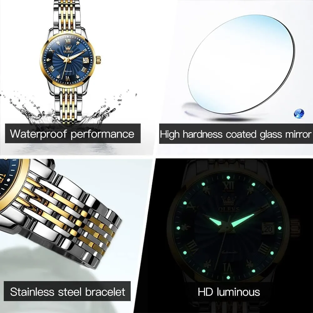 Stainless Steel Date OLEVS Women Automatic Watch Diamond Mechanical Self Winding left Fashion Elegant Dress Wrist Watch Luminous Waterproof 