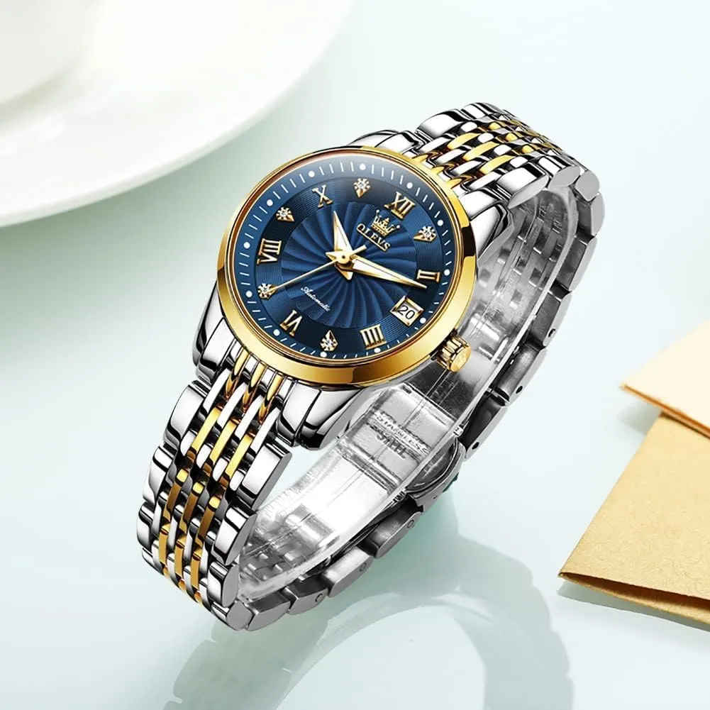 Stainless Steel Date OLEVS Women Automatic Watch Diamond Mechanical Self Winding left Fashion Elegant Dress Wrist Watch Luminous Waterproof 