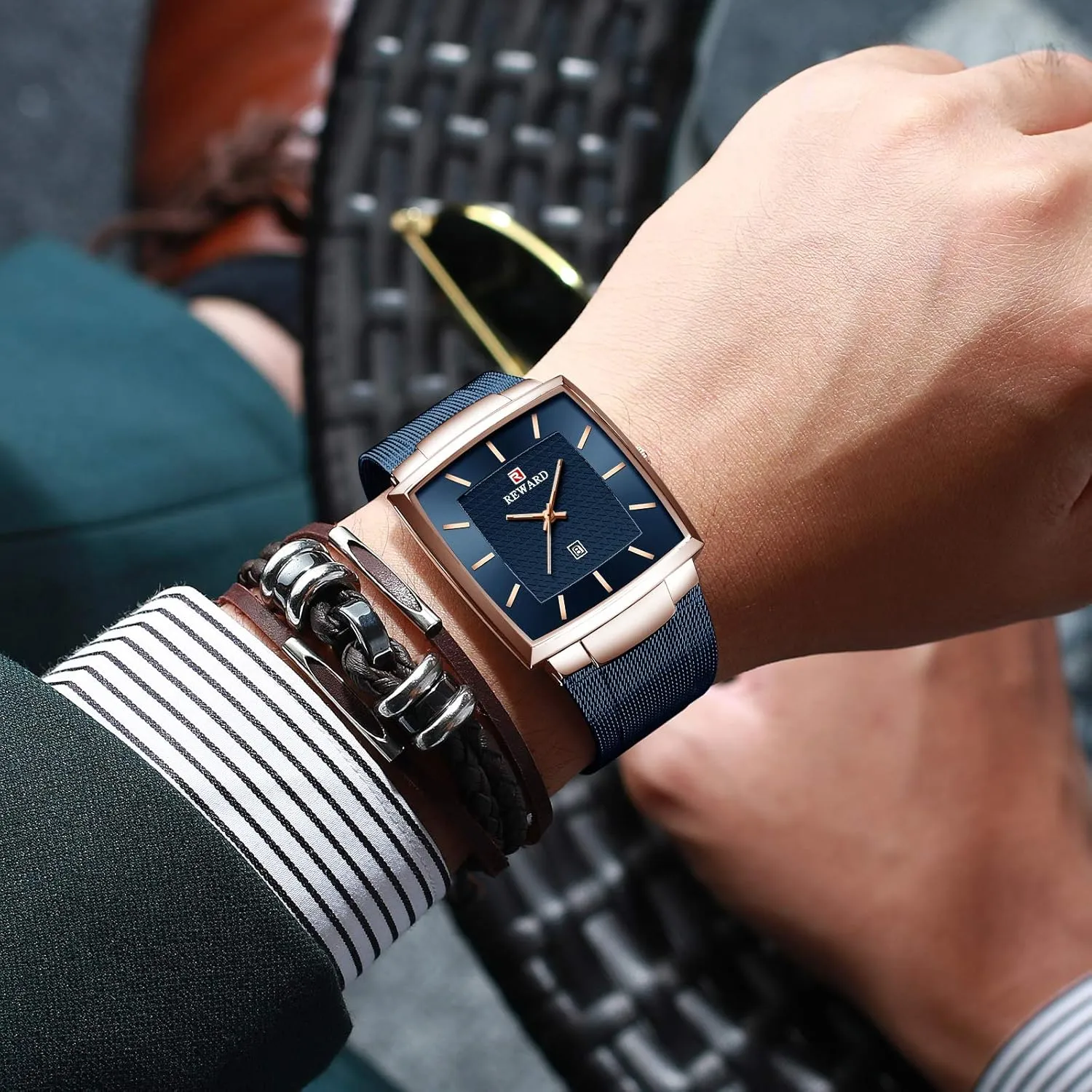 Stainless Steel Mesh Strap Gosasa dairy nobility industrious cither Men's Square Waterproof Quartz Watch Casual Business Analog Watch with Date and 