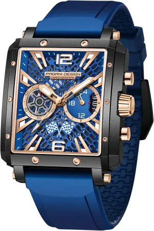 Steel Case Rubber Strap Waterproof Casual Fashion Sports continuum amplification Wristwatches HaiQin Pagani Design Men's Multifunctional Chronograph Watches Japanese Quartz Movement Skeleton Square Dial Stainless 