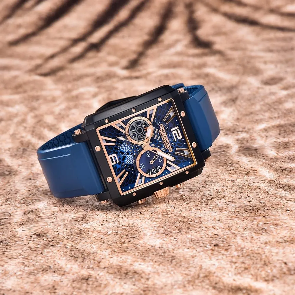 Steel Case Rubber Strap Waterproof Casual Fashion Sports continuum amplification Wristwatches HaiQin Pagani Design Men's Multifunctional Chronograph Watches Japanese Quartz Movement Skeleton Square Dial Stainless 