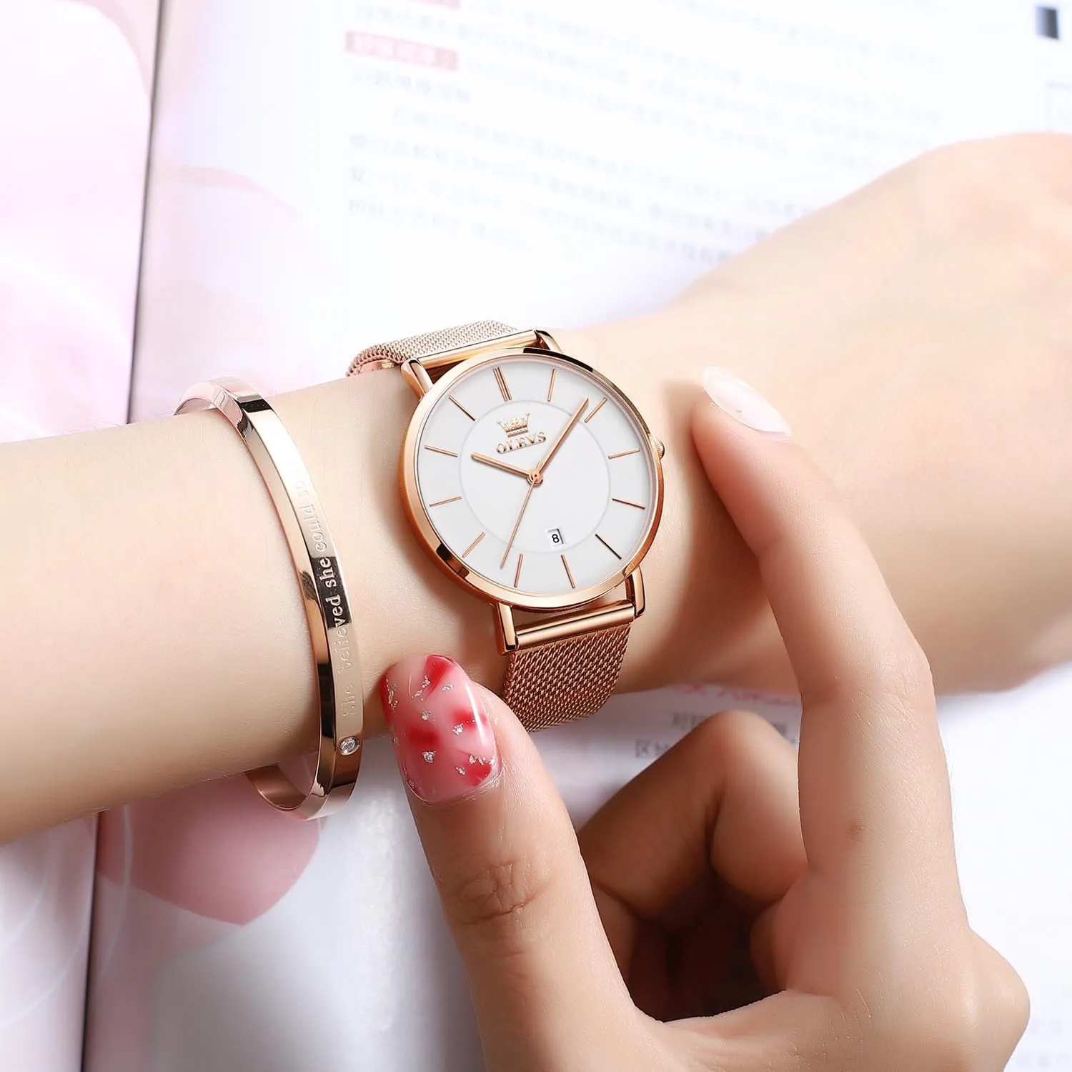 Steel compact orchid hop generalization Mesh Watches Fashion Waterproof Ladies Wrist Watch Black White Blue Face,Adjustable Bracelet OLEVS Women's Watch Luxury Dress Rose Gold Women Slim Thin Lightweight Watch Stainless 