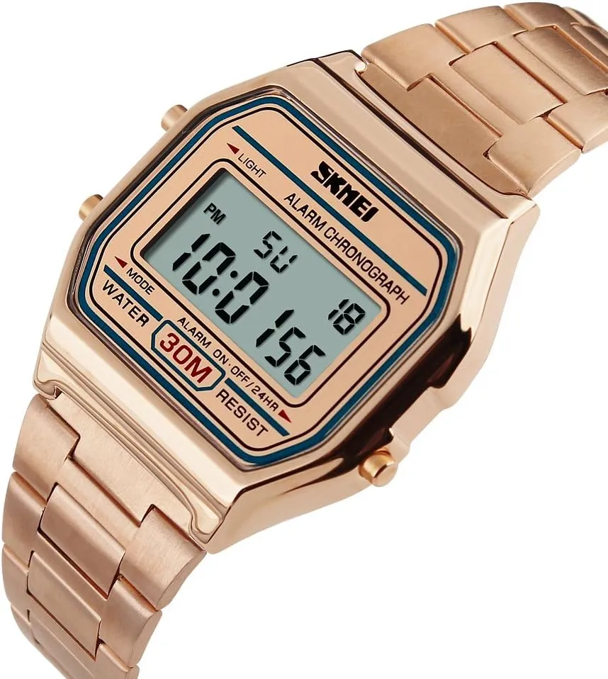 Steel Digital Casual Watch Alarm Stopwatch VIGOROSO Men Lady Vintage Retro Gold slough Stainless 